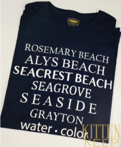 A picture of a navy t-shirt with the names of the beaches of Florida on it in white.